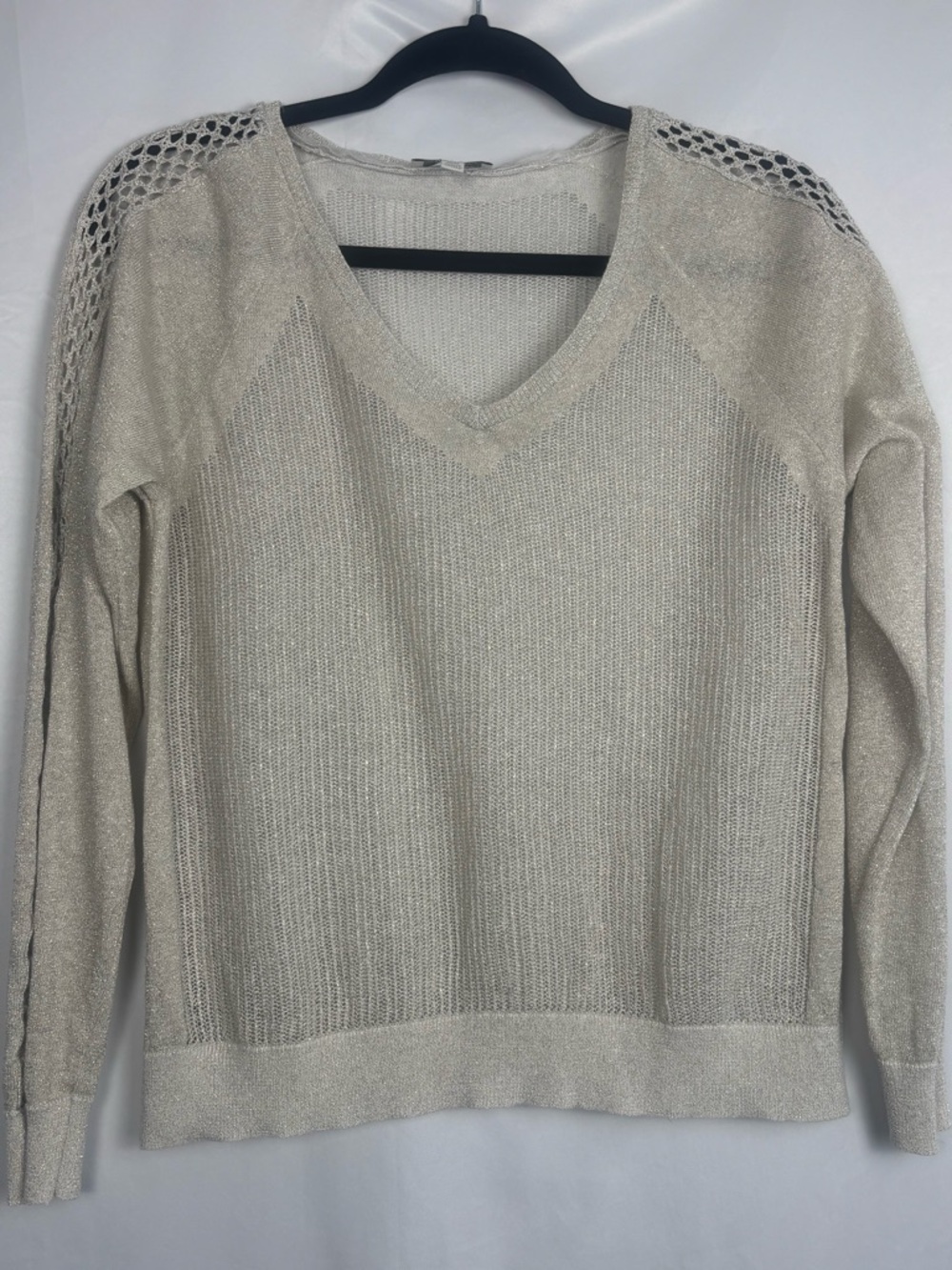 Lucky Brand Cream V-Neck Knit Sweater with Crochet Shoulder